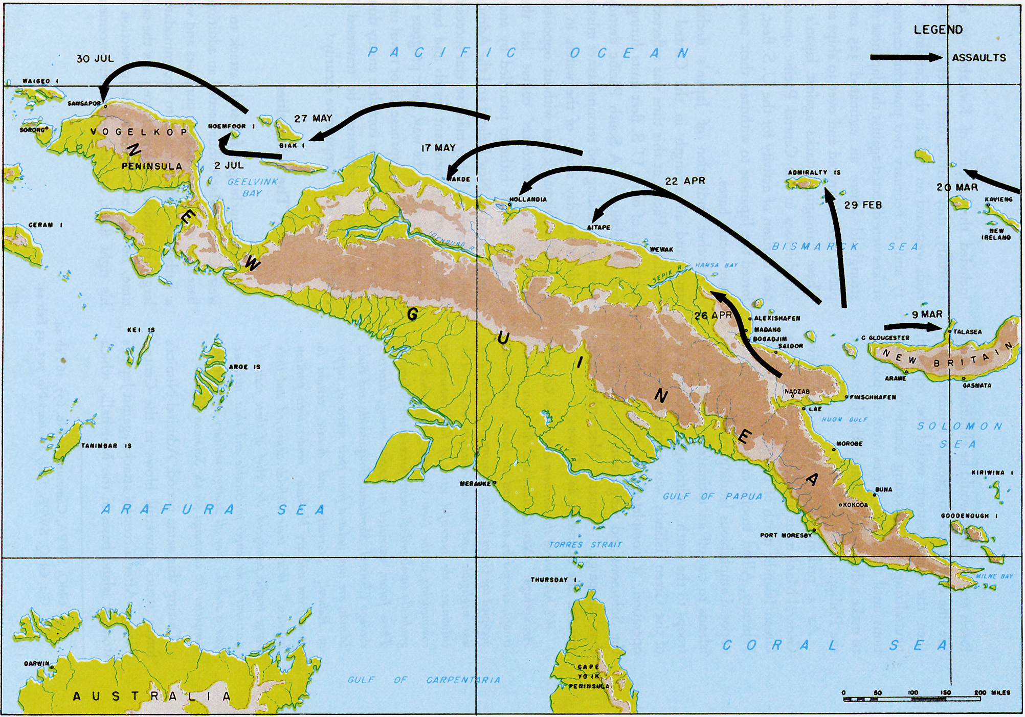  Westward Drive along New Guinea, February–July 1944|alt=Topographic map of the island of New Guinea and the surrounding islands with arrows indicating an Allied advance along the northern coast.