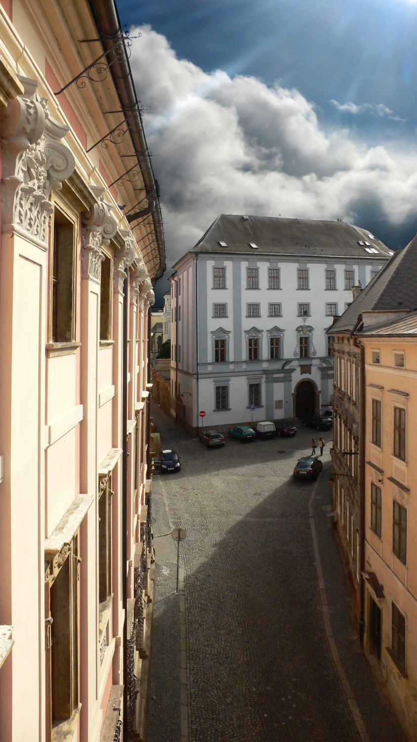 The street by the Art Centre (on the left), in the middle is the Saints Cyril and Methodius Faculty of Theology building from 1675