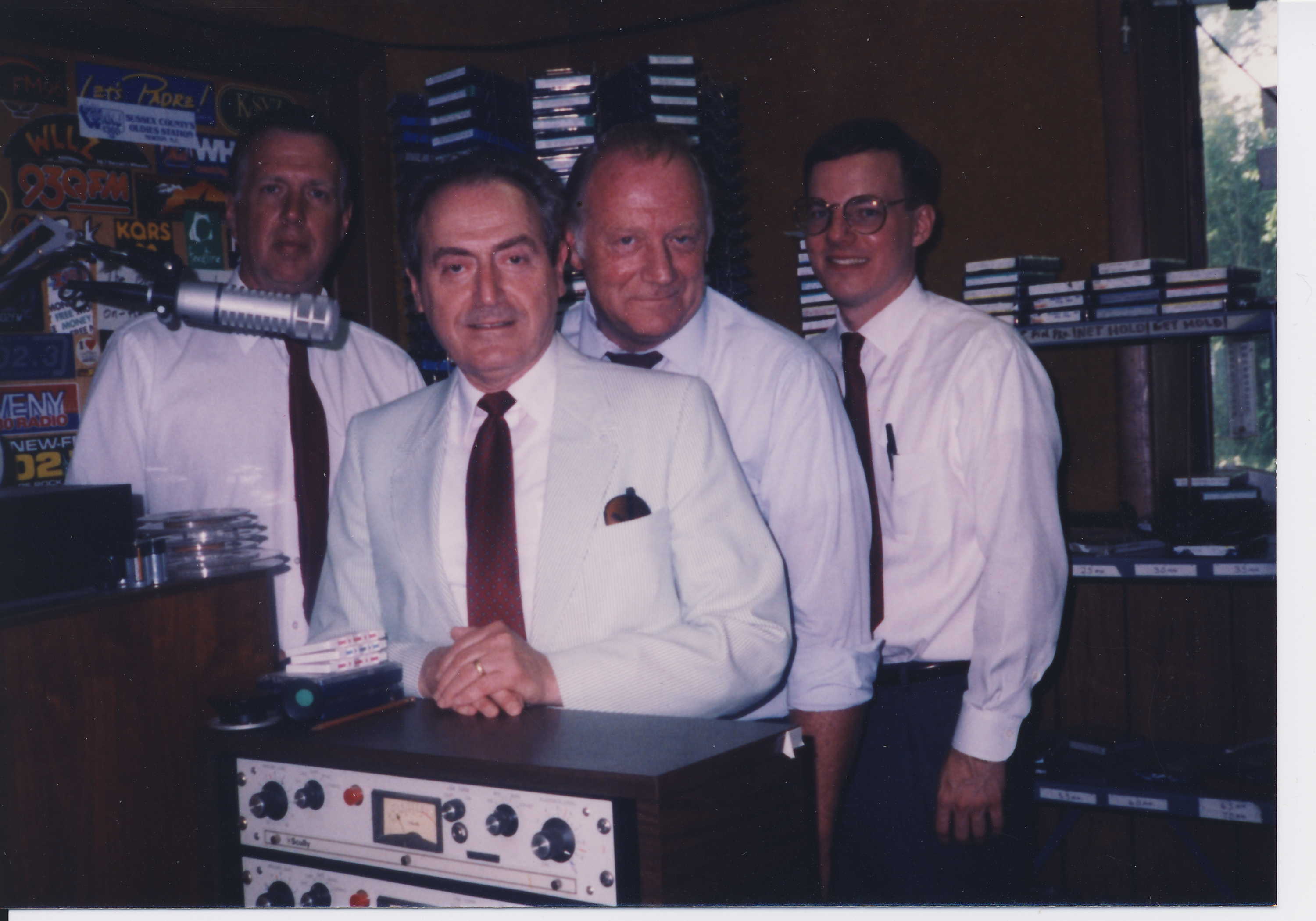 Promoting the restoration of service on the Lackawanna Cut-Off on-air in 1989 on WFMV, 106.3 FM, a radio station in located in the Blairstown train station (l to r): Lawrence Wills, chairman, Monroe County Railroad Authority; Maurice Lewis, Penn-Jersey Rail Coalition; Frederick H. Wertz and Charles Walsh, NJRCA.