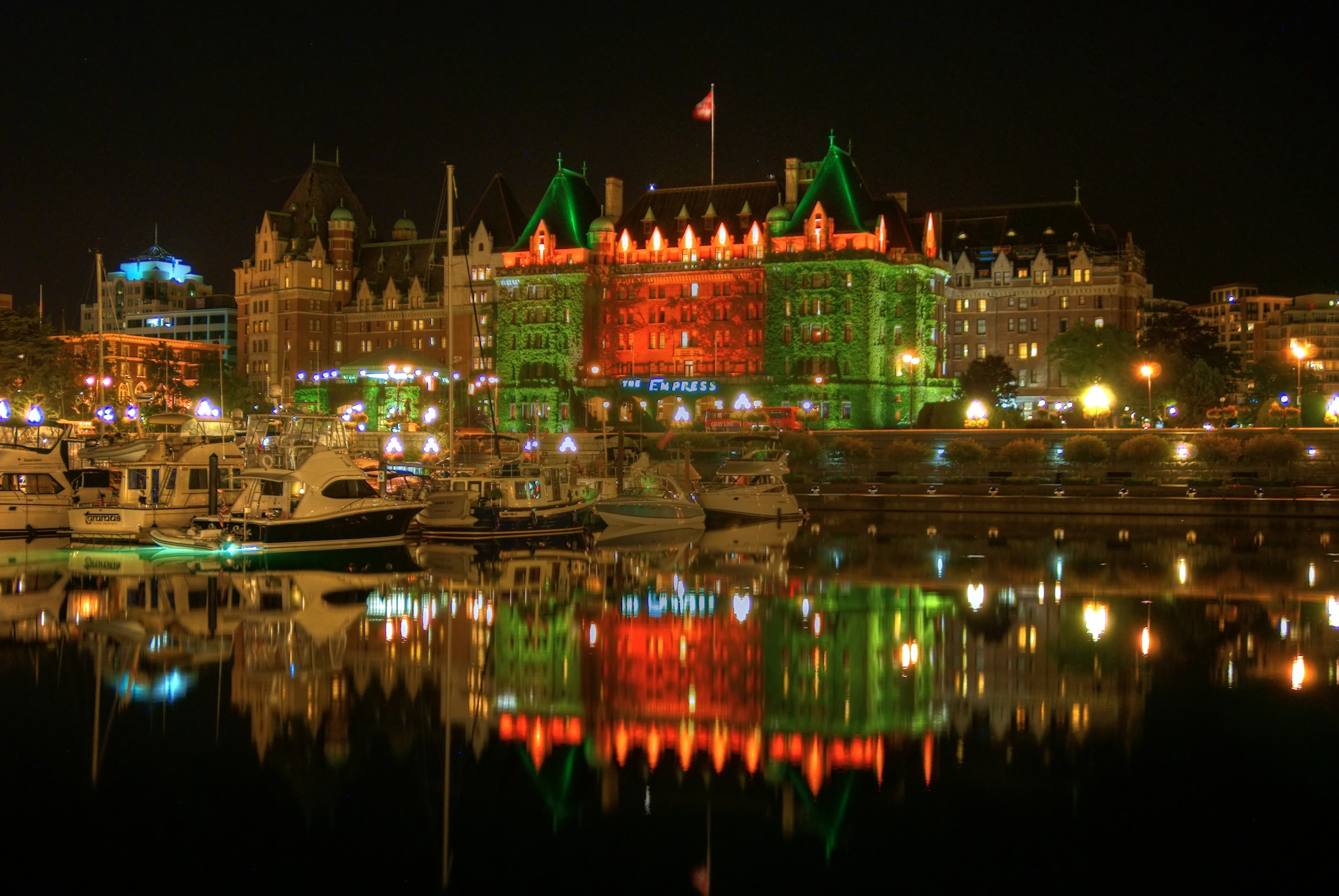 The Empress Hotel at night.