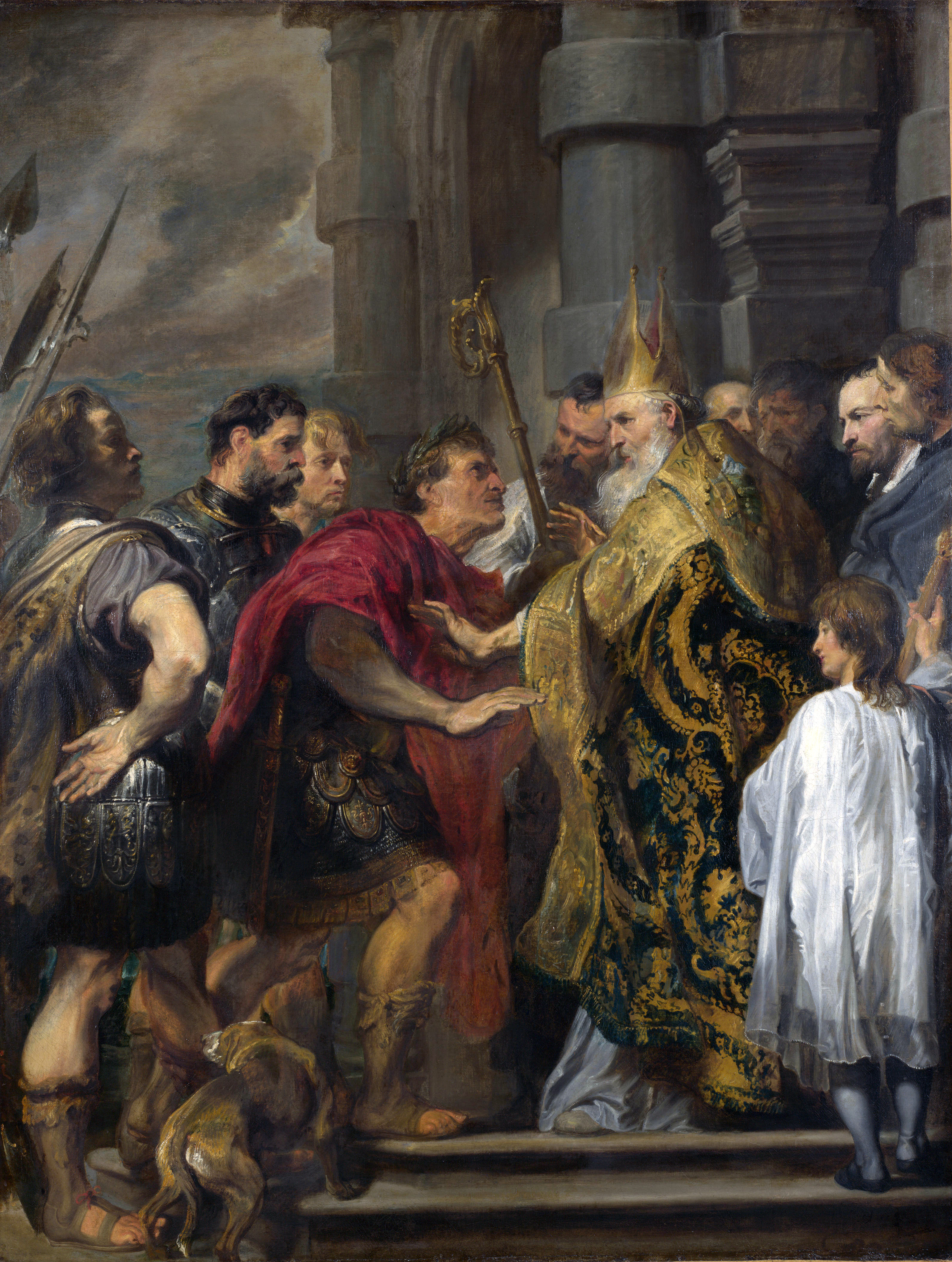 Saint Ambrose and emperor Theodosius by Van Dyck.