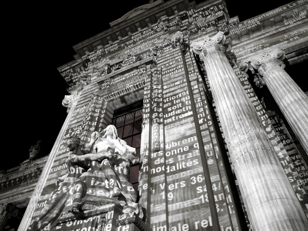 Data projection on the facade of Grand Palais, Paris as part of Dans la nuit, des images. Création visuelle et numérique en Europe (2008)
