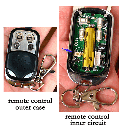 this is a typical photo of both outer case and inner circuit of garage door opener remote control.
