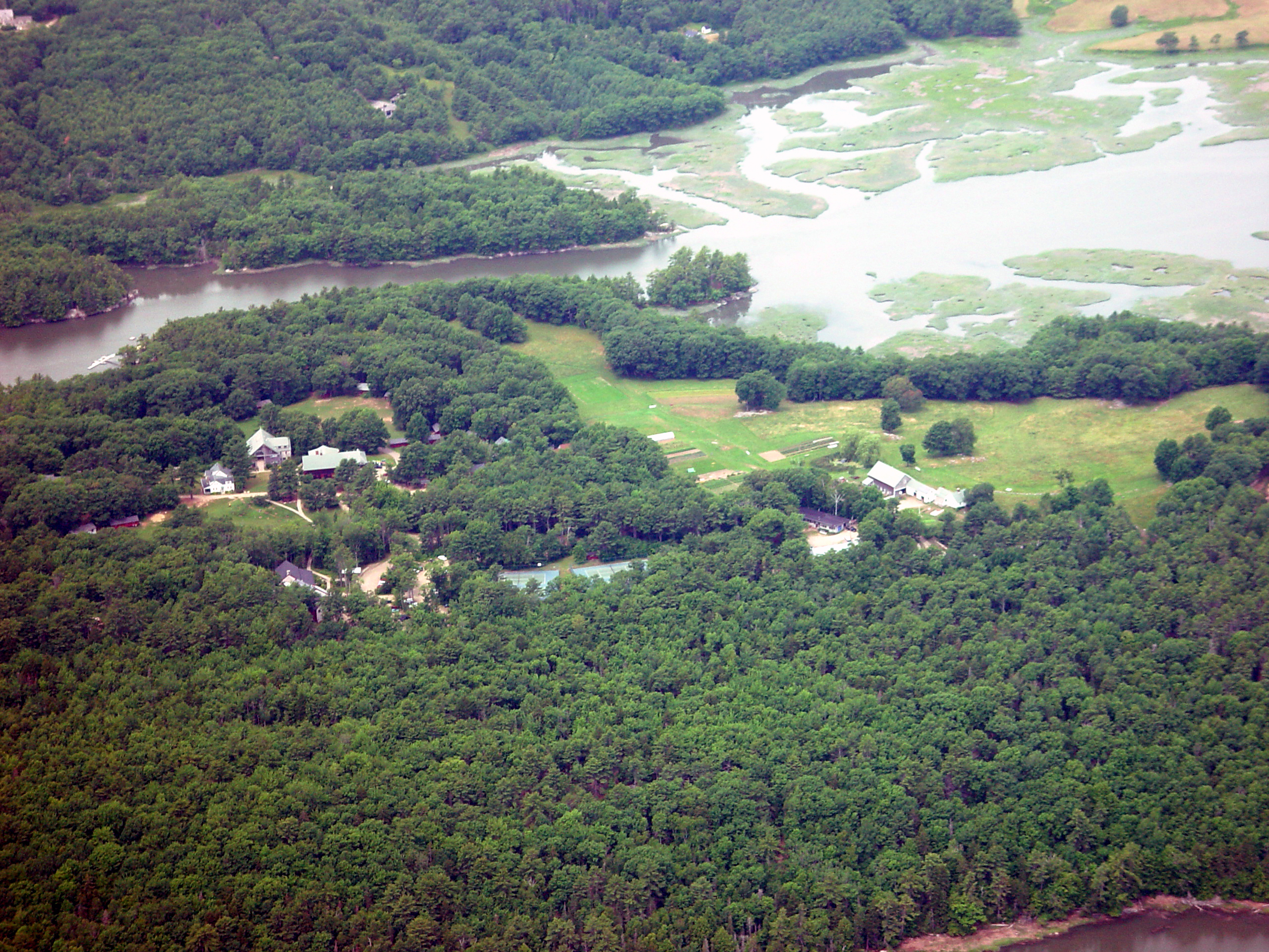 The Chewonki Semester School's Wiscasset campus, with the organic farm visible at left