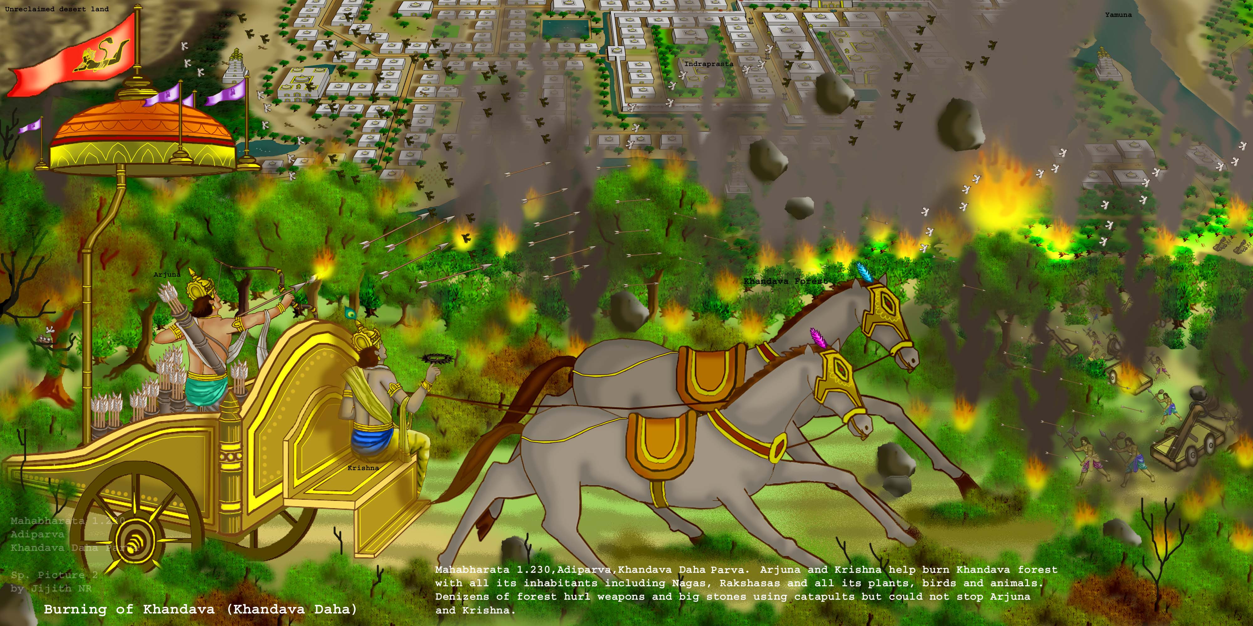  The forest of Khandava near Yamuna, being burnt by Arjuna and Krishna 