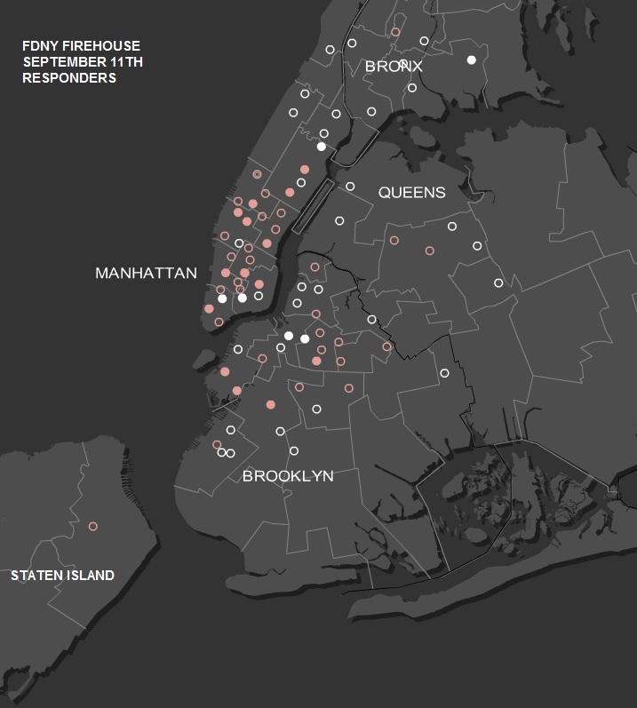 Map of FDNY's first responding firehouses to the September 11 attacks. Circles show location of fire company responding. Solid circles mean multiple companies. Rose colored circles indicate a company(ies) with casualties.