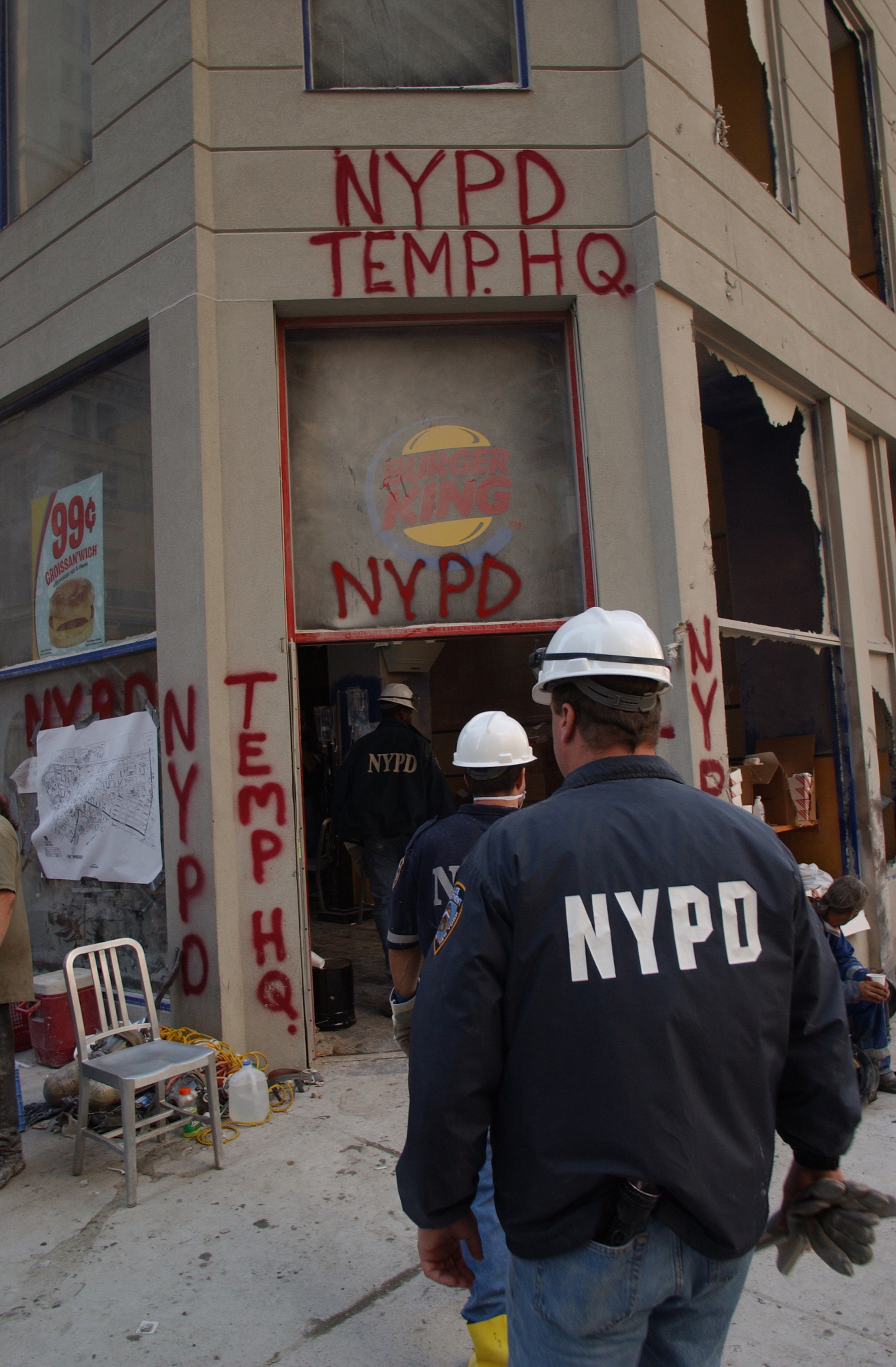 Temporary NYPD headquarters at 106 Liberty St; set up near the World Trade Center on September 11, 2001.