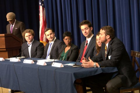 Members of the YEC join moderator Sway Calloway of MTV at the White House summit on youth entrepreneurship, November 28, 2011.
