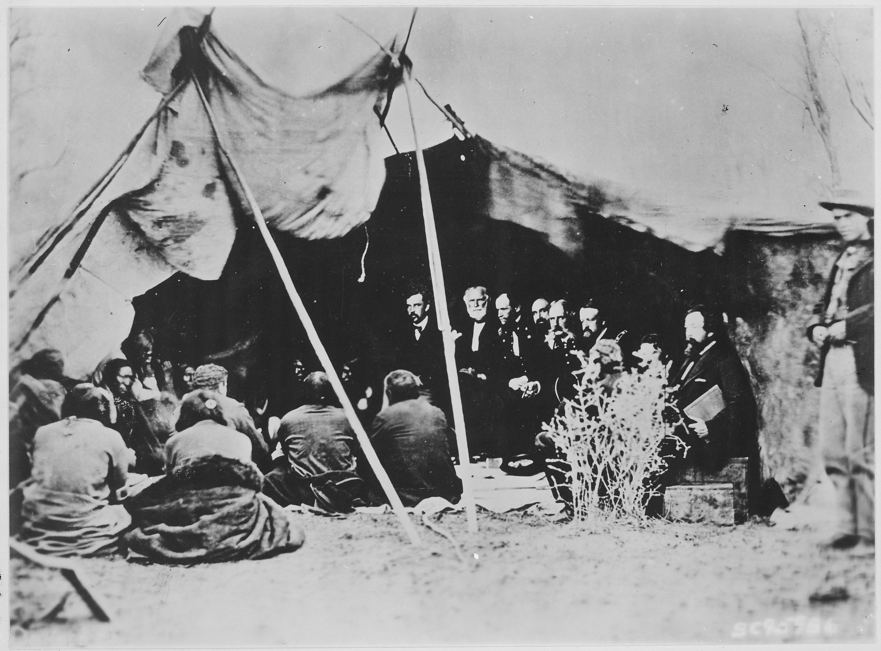 Fort Laramie Treaty, 1868. U.S. peace commissioners meet at Fort Laramie in 1868 to negotiate a treaty with the Lakota. Seated in the tent are General William S. Harney (with white beard) and General William Tecumseh Sherman (head bowed at Harney's left).