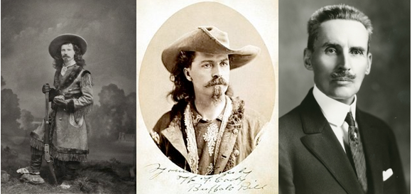 While the Old Scouts found adventure, glory and fame in the Sioux War, in later years they would not talk of it. All expressed remorse. (left to right) Captain Jack Crawford, Col. Buffalo Bill Cody and Robert Edmund Strahorn.