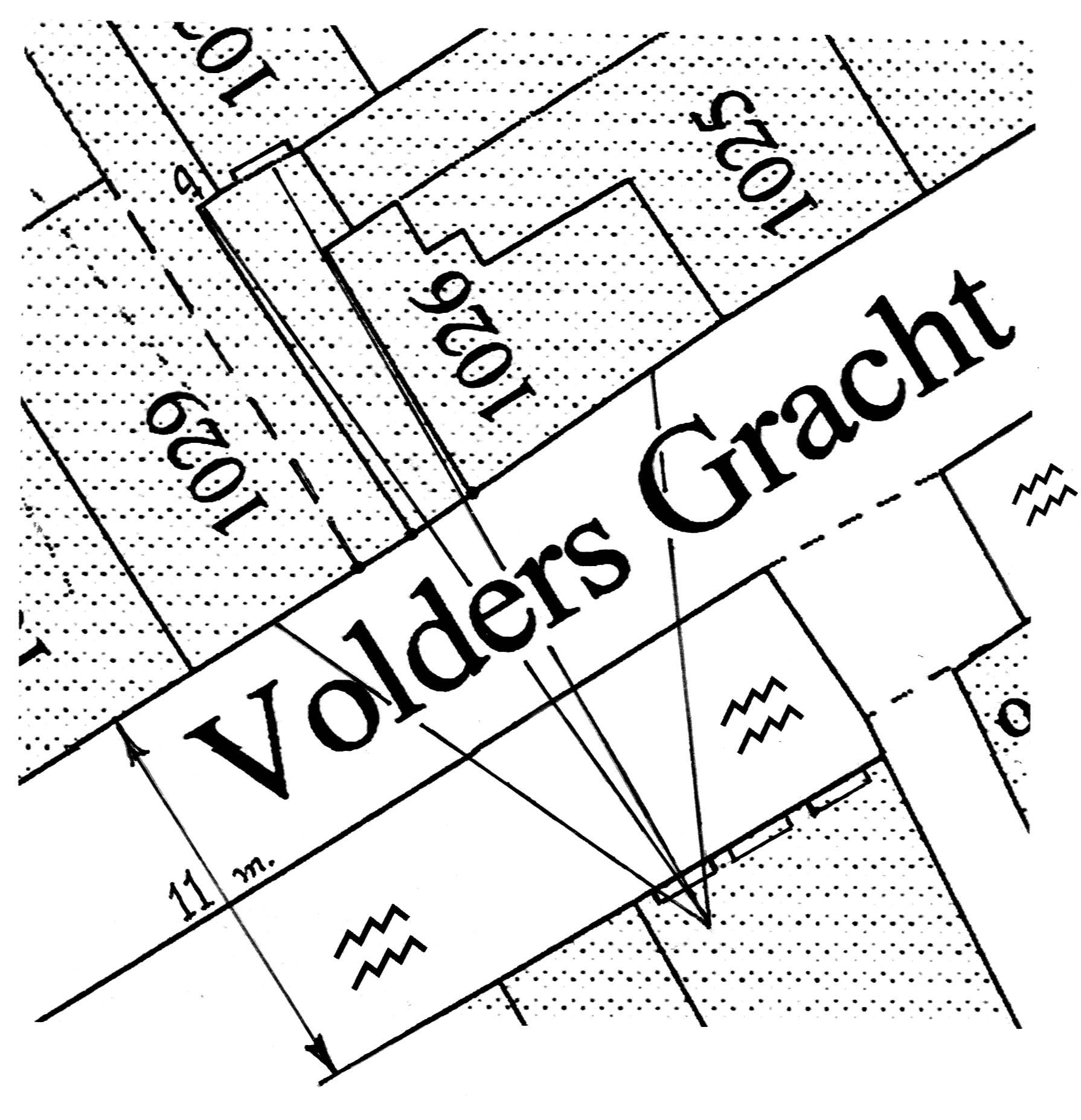  Fig. 2 Two sightlines are drawn from the back window of the house â€˜Mechelenâ€™ into the gateway. These sightlines coincide with the view into the gate of fig. 3. The outer sightlines indicate the width of Vermeerâ€™s painting