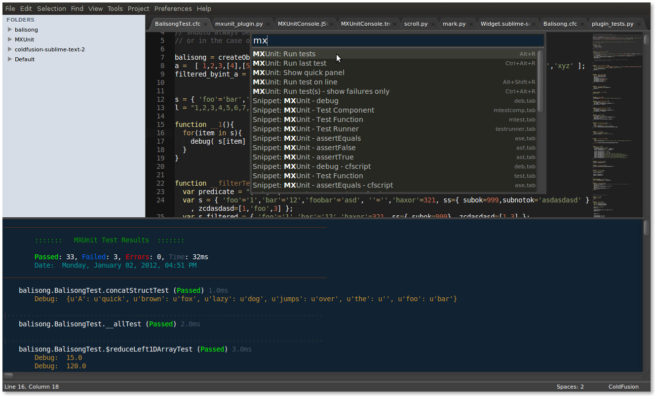 Screenshot of MXUnit tests running in the Sublime Text IDE