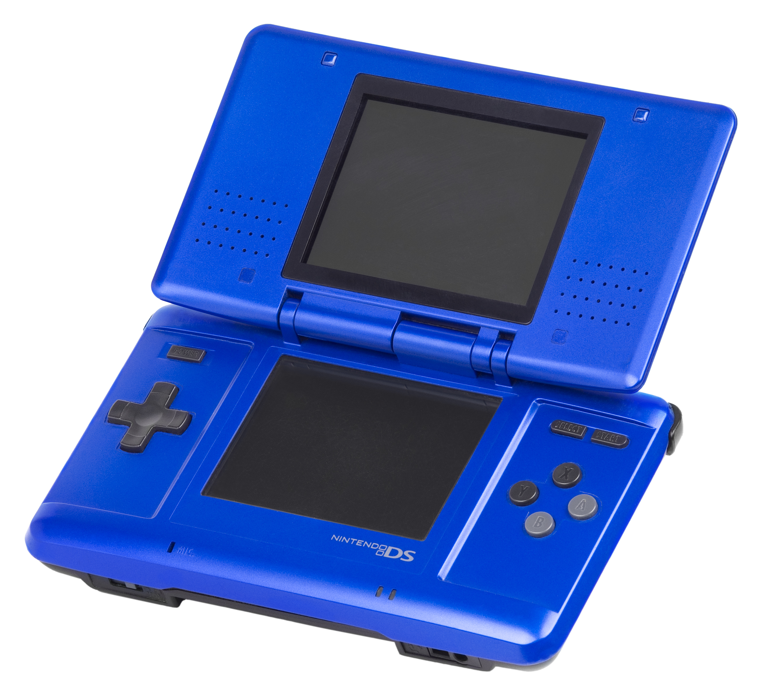An Electric Blue Nintendo DS in its opened position.