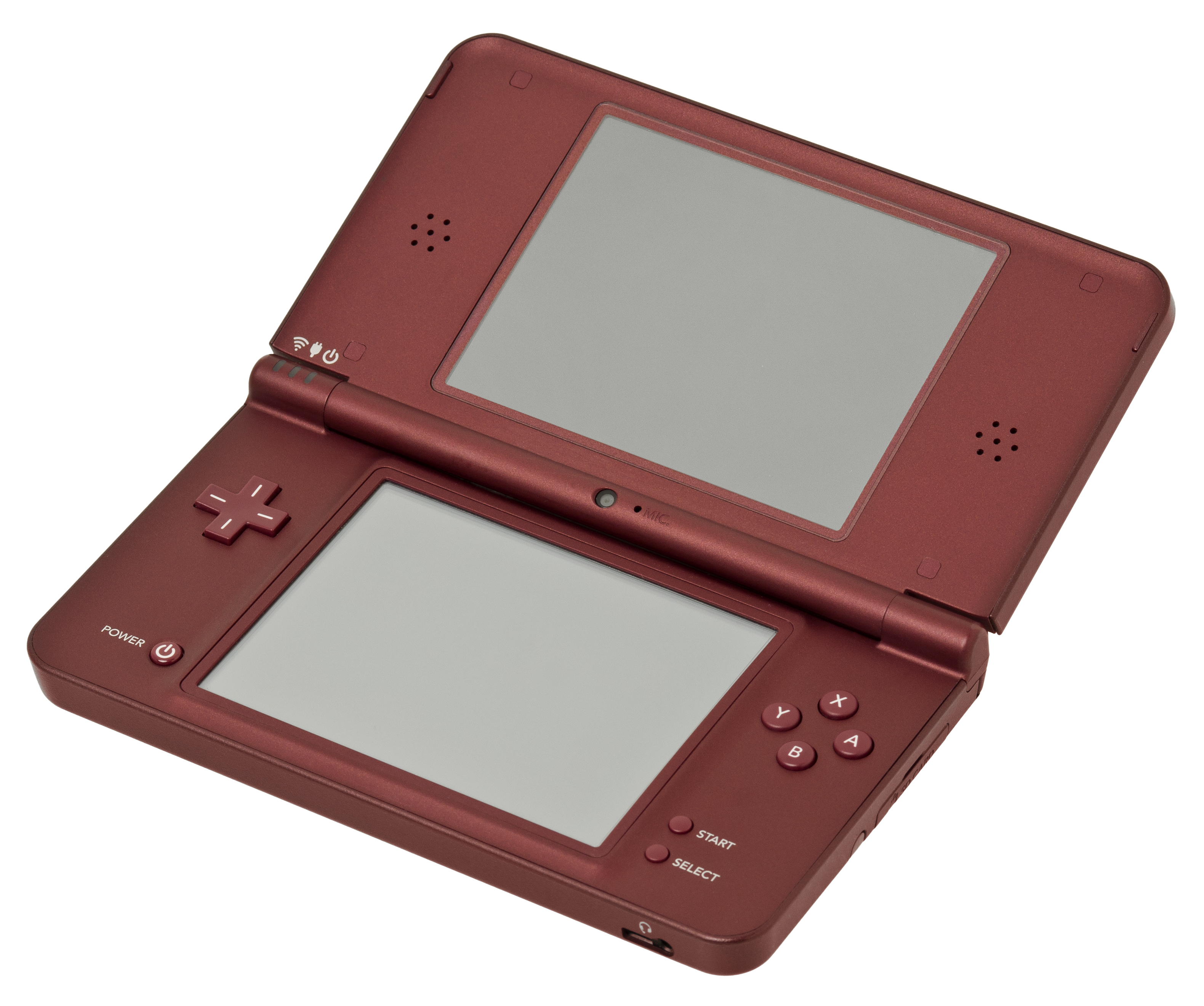 A burgundy Nintendo DSi XL in its opened position.