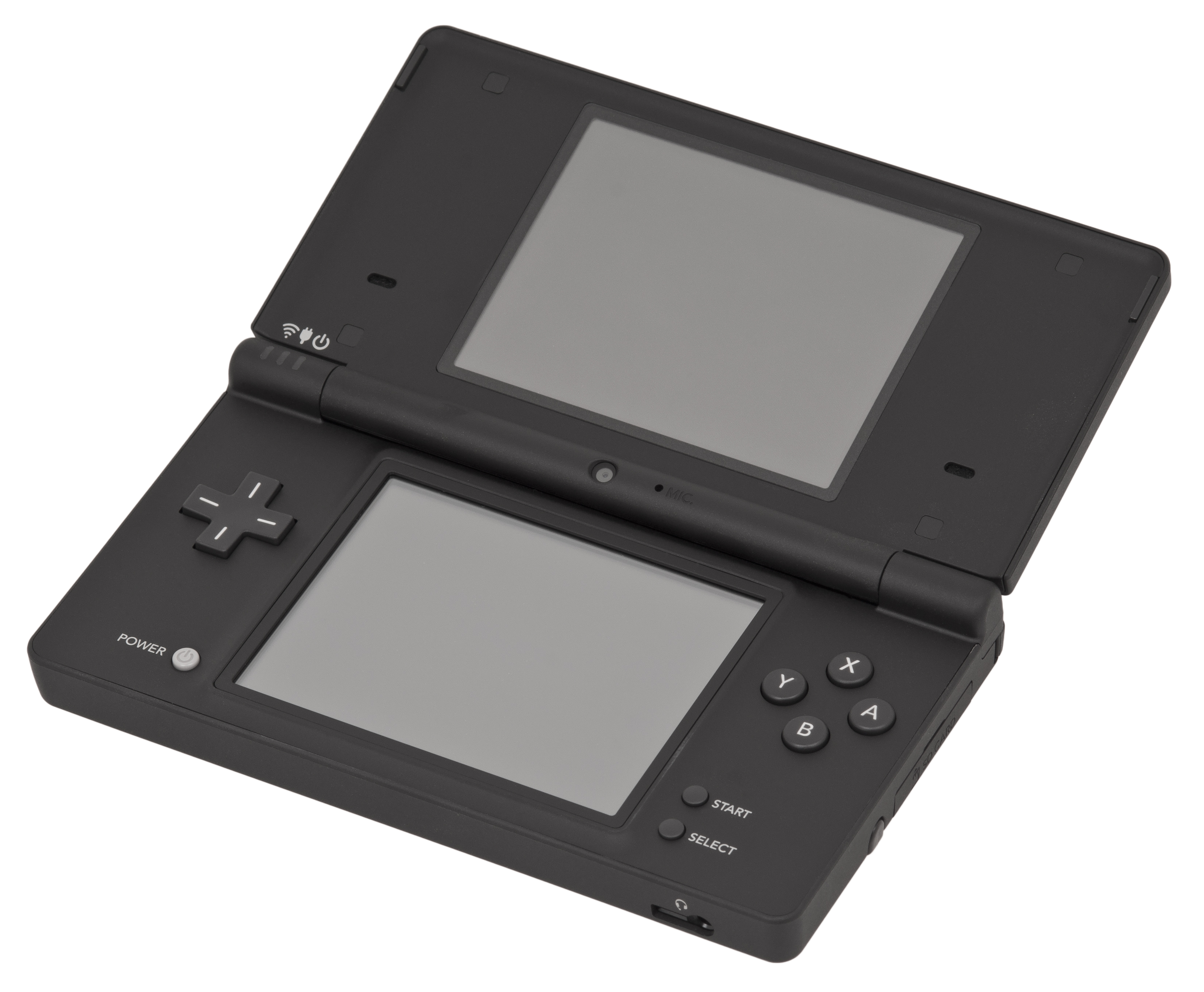 A black Nintendo DSi in its opened position.