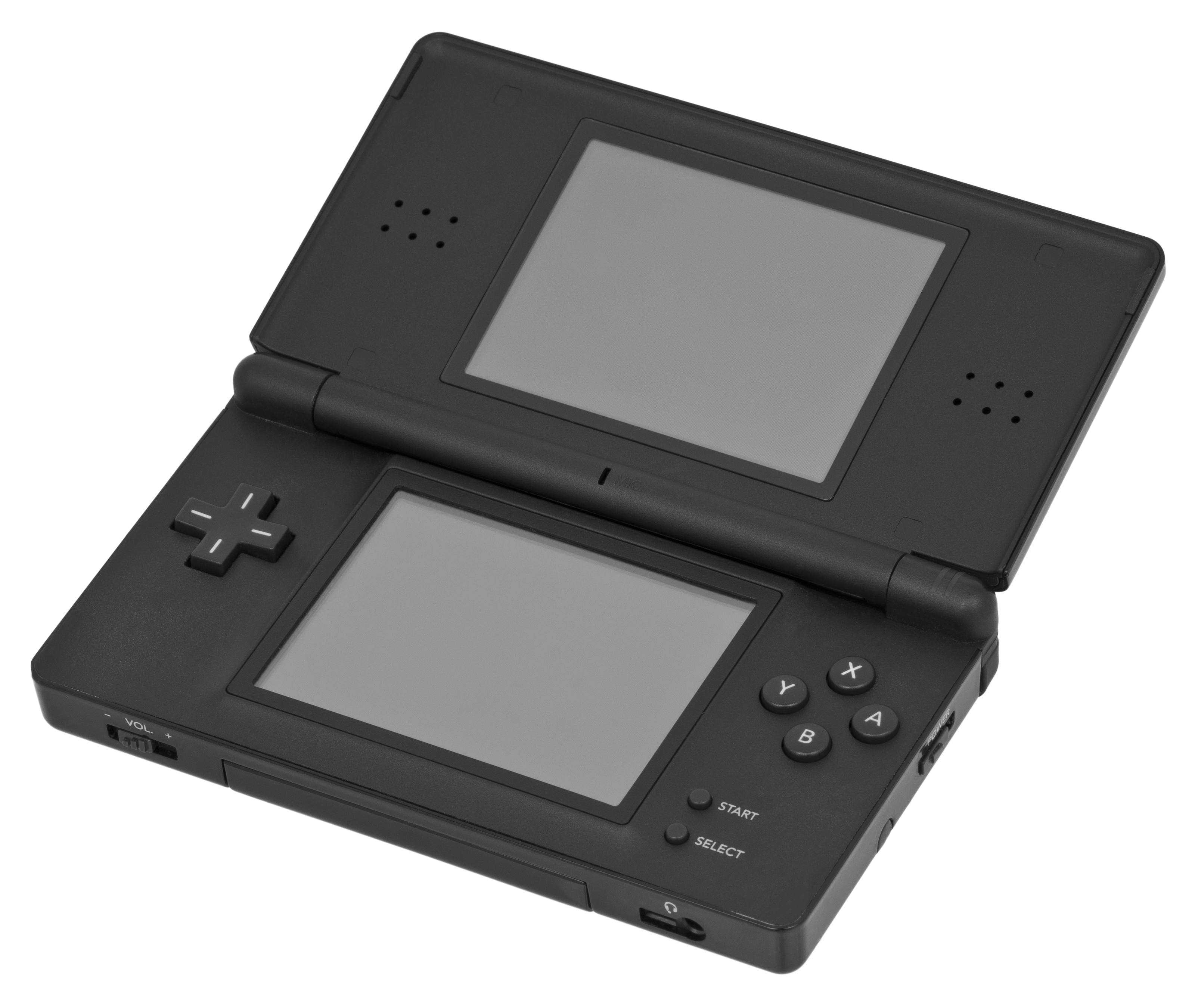 A black Nintendo DS Lite in its opened position.