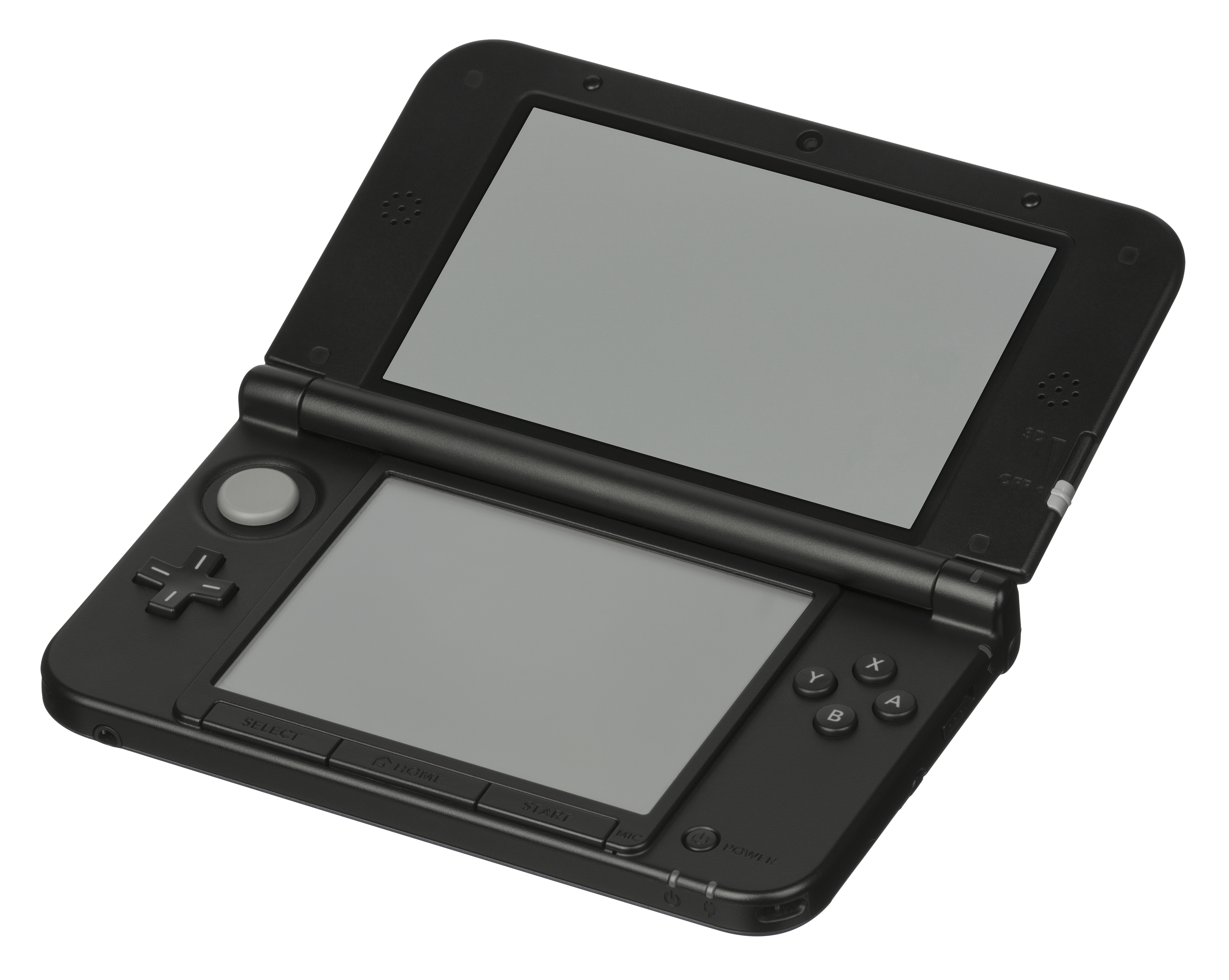 A Blue + Black Nintendo 3DS XL in its opened position.