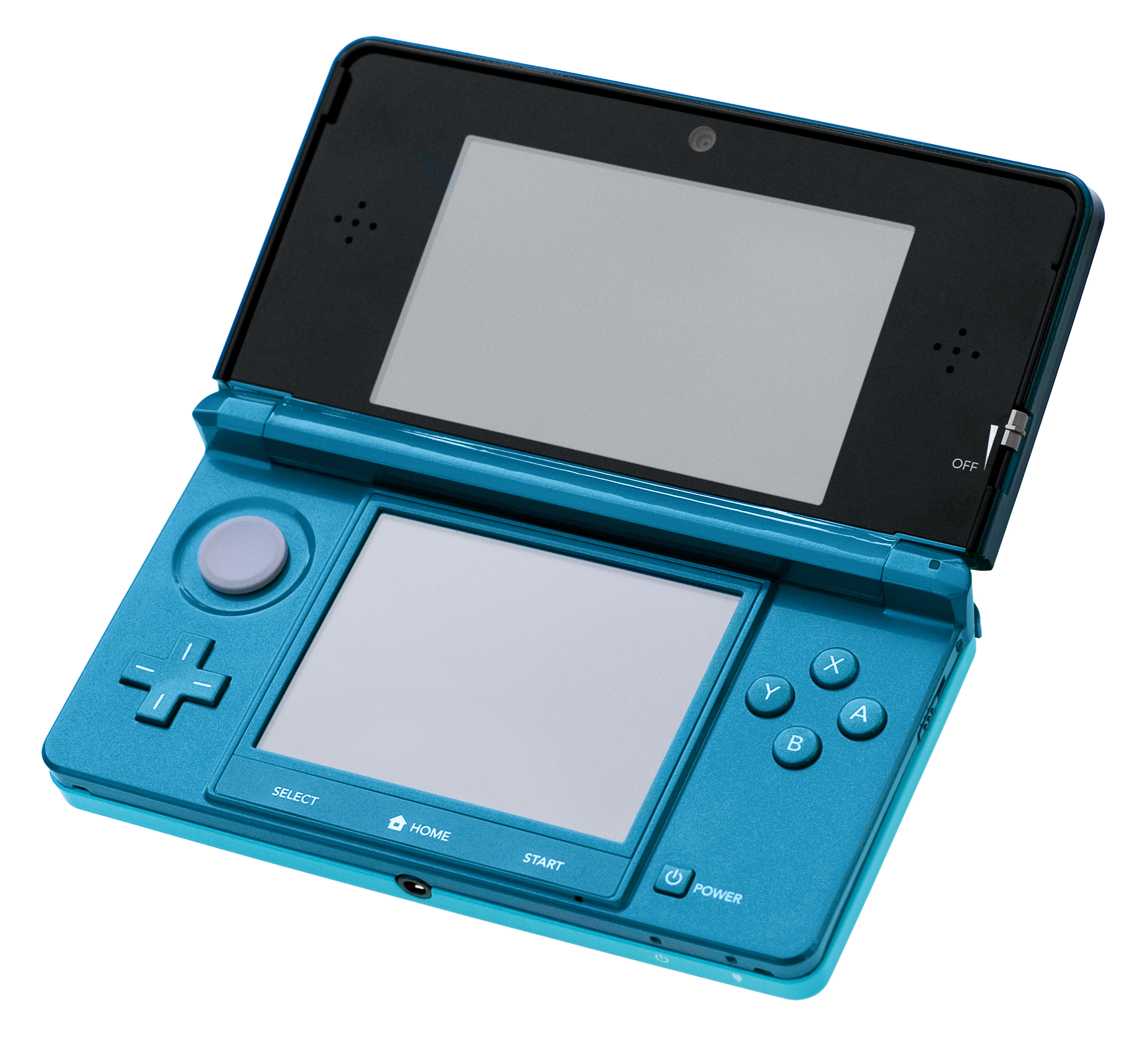 An Aqua Blue Nintendo 3DS in its opened position.