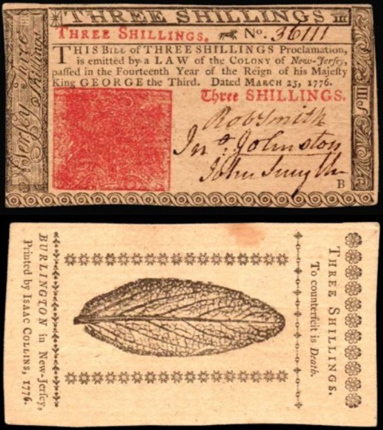English money notes of Three Shillings printed by Isaac Collins in 1776