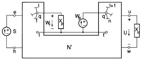 Implementation of the three-terminal circuit by means of an independent source Wr and an immittance Xp.