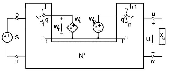 Implementation of the three-terminal circuit by means of an independent source W_{p} and a dependent source \bar{W_{p}}.