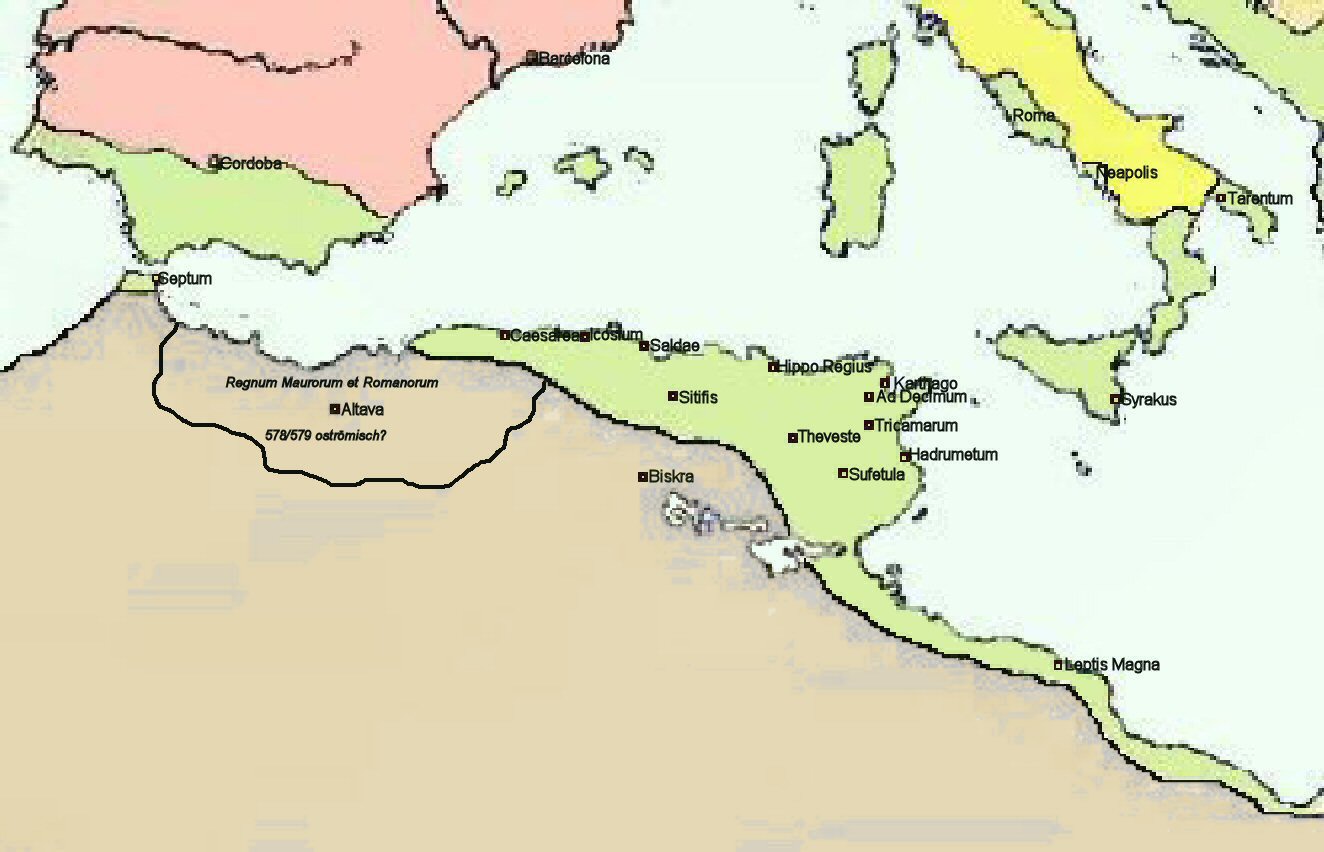 The "Regnum Maurorum et Romanorum" in northwest Africa. In light green the nearby Exarchate of Carthage of the Eastern Roman Empire