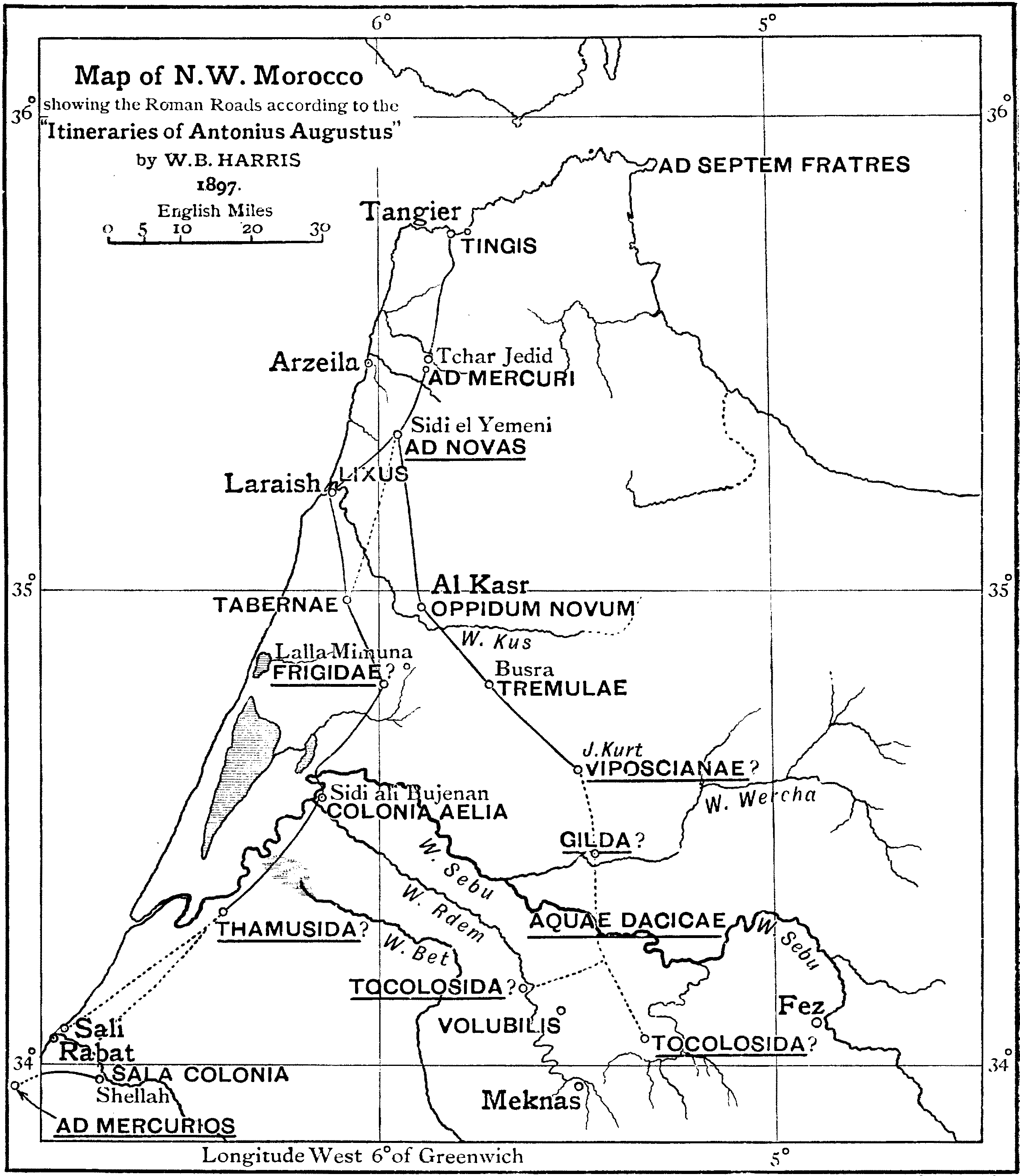 Late nineteenth-century reconstruction of main Roman roads in Mauretania Tingitana. Ad Septem Fratres = Septem