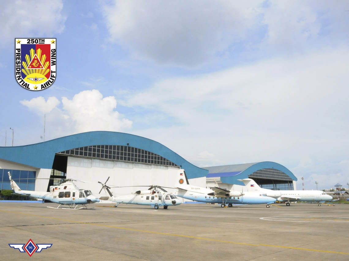 Air assets of the 250th Presidential Airlift Wing parked outside the Presidential Airlift Hangar at Villamor Airbase. Air assets of the 250th Presidential Airlift Wing parked outside the Presidential Airlift Hangar at Villamor Airbase.