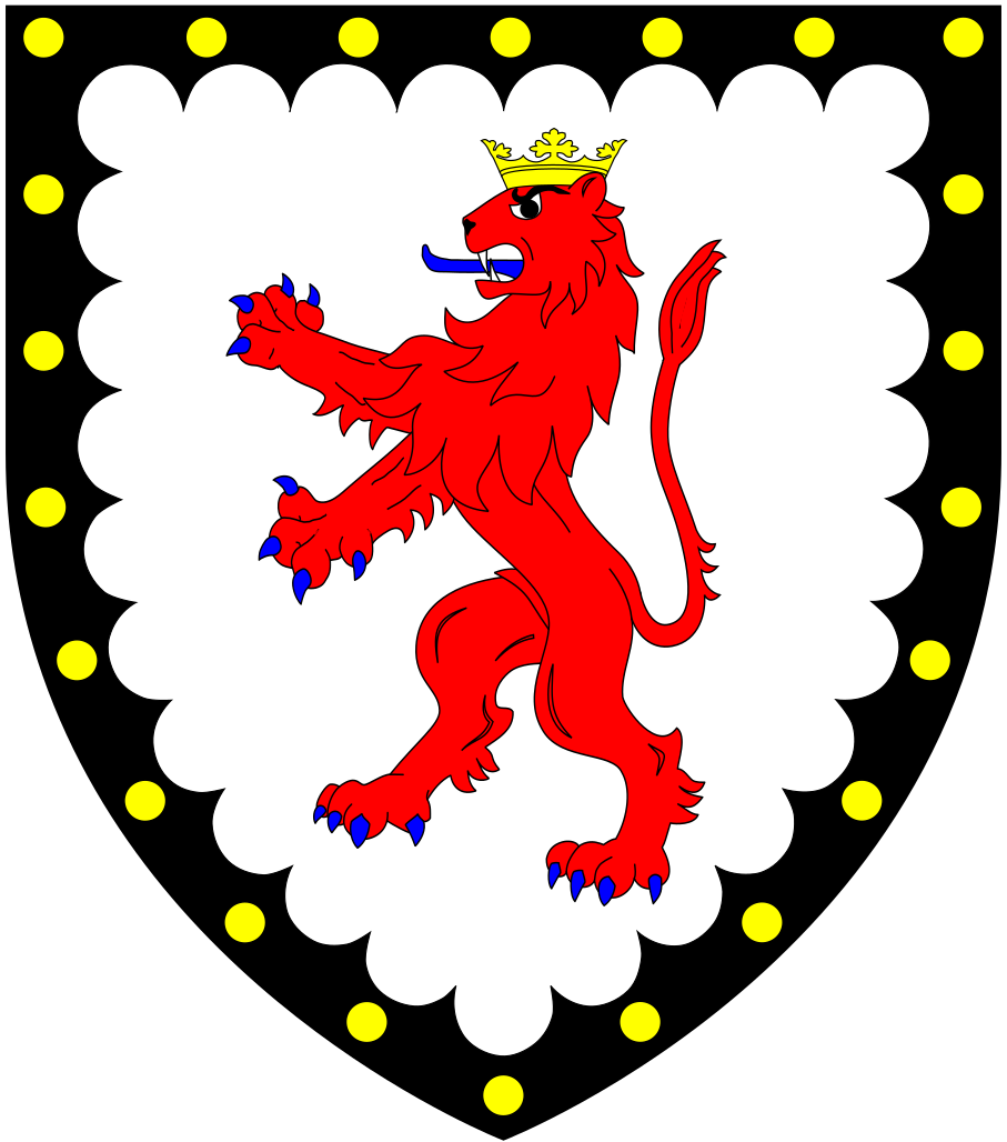 Arms of de Cornwall: Argent, a lion rampant gules ducally crowned or a bordure engrailed sable bezantee, being the arms of Richard, 1st Earl of Cornwall (1209-1272) with difference a bordure engrailed