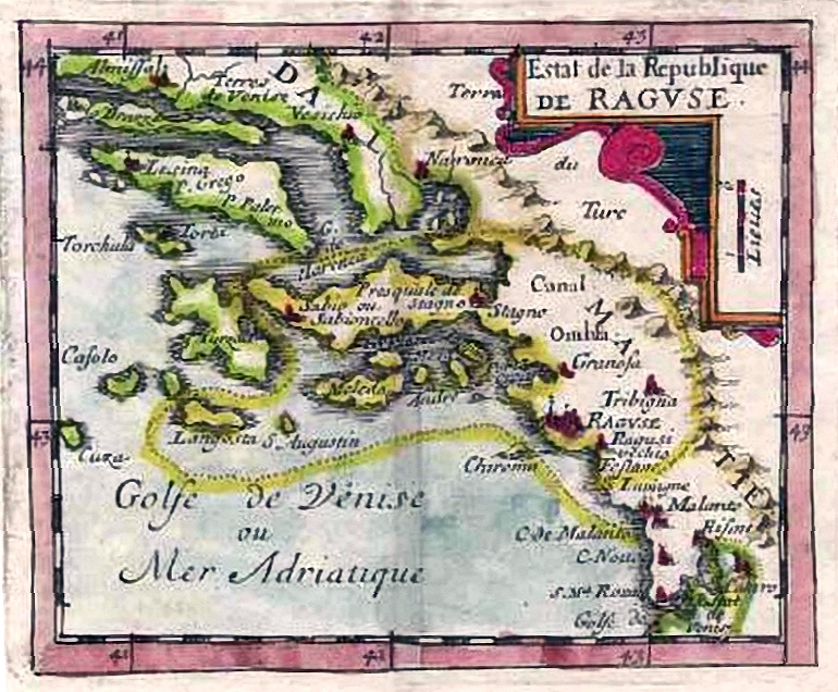 Historical map showing southern Dalmatian islands and cities, principally the Republic of Ragusa