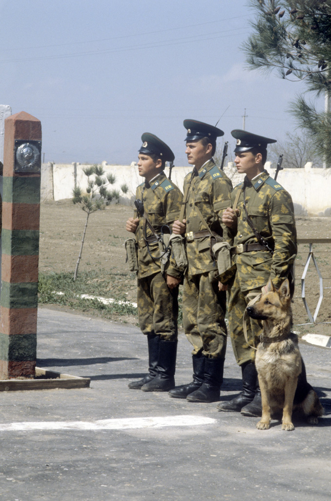KGB Border Guards ready for patrol wearing the Spetsodezhda with the original khaki furazhka peaked cap.