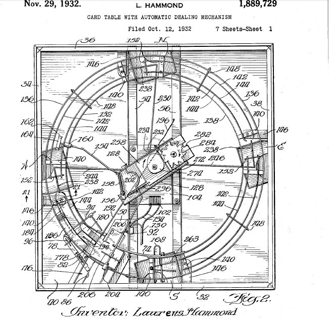 Hammond patented card mechanism within card table, November 29, 1932