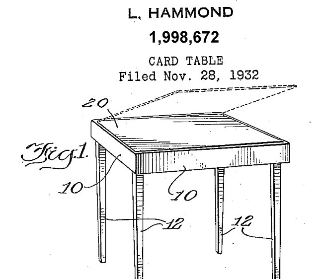 Hammond Card Table patent number 1,998,672 filed on November 28, 1932