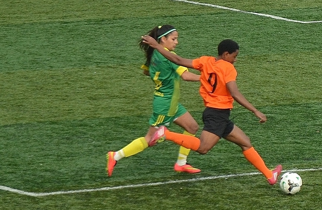 Büşra Taşkın (green/yellow) tackles her opponent in the 2015-16 season home match against 1207 Antalya Muratpaşa Belediye Spor. 