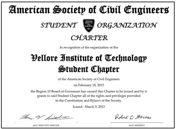 Authentic Certification of "ASCE-VIT STUDENT CHAPTER" by American Society of Civil Engineers, Reston, Virginia