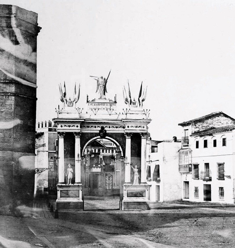 Triumphal arch for the arrival to Seville of Queen Isabel II located in the calles de Santo Tomás.