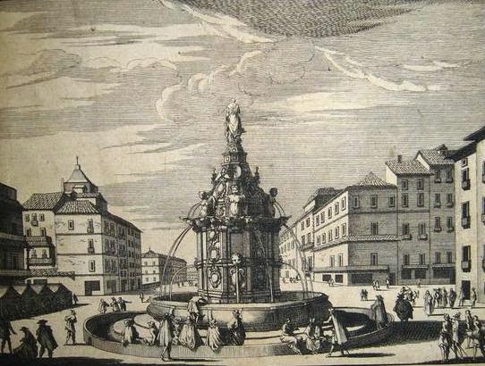 Fountain of the Harpies (Puerta del Sol, Madrid). Drawing of 1707 by Juan Álvarez de Colmenar, entitled La Fontaine et la Place du Soleil à Madrit.