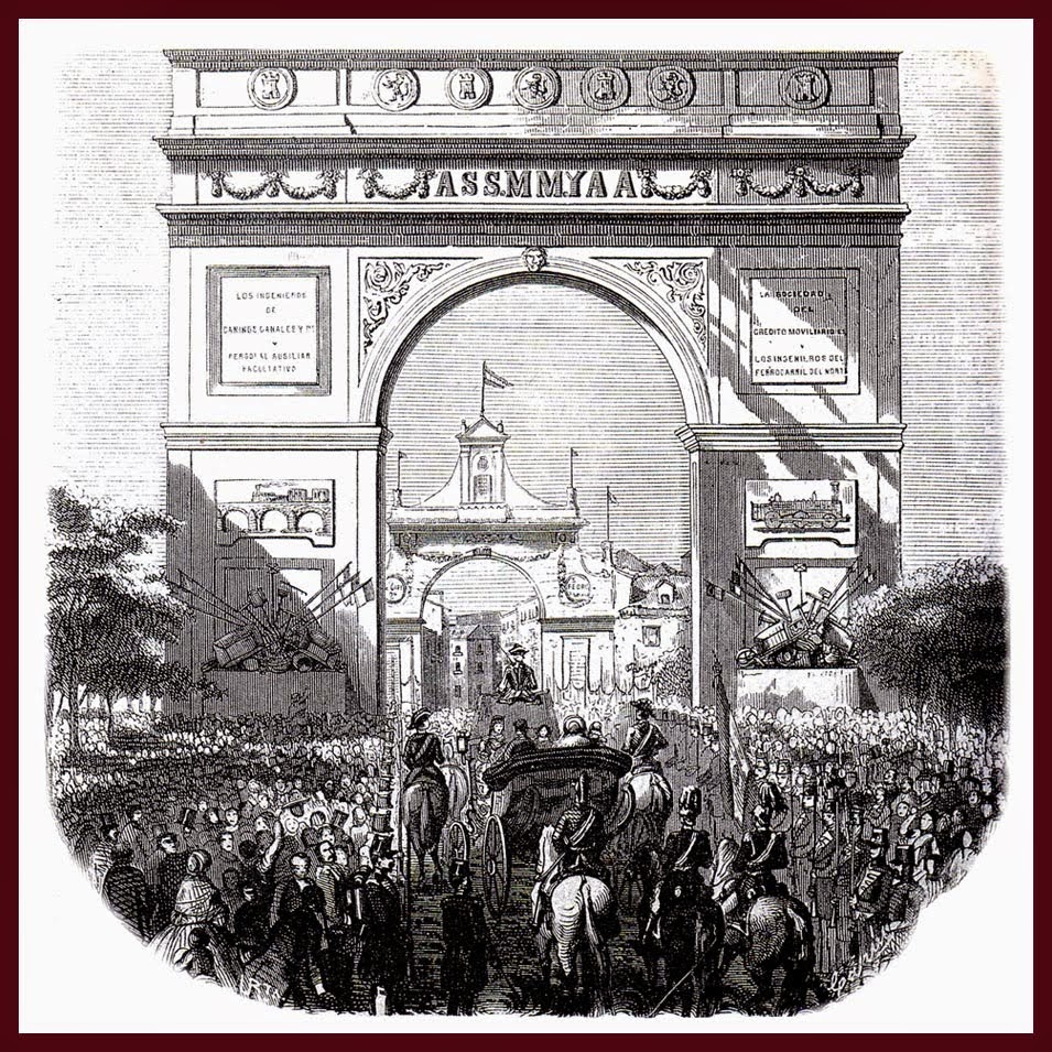 During festivities organized to welcome Queen Elizabeth II in 1858, with the inauguration of railway works in Valladolid, it rose a big Ephemeral architecture's triumphal arch, on land occupied currently by Plaza de Zorrilla. Back it can see Puerta del Campo.