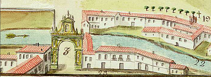 Detail of Plan of Valladolid by Diego Pérez of 1787-1788 in which are seen the Puerta del Campo to center, private houses to right below and the Convento y Hospital de San Juan de Dios to above right.