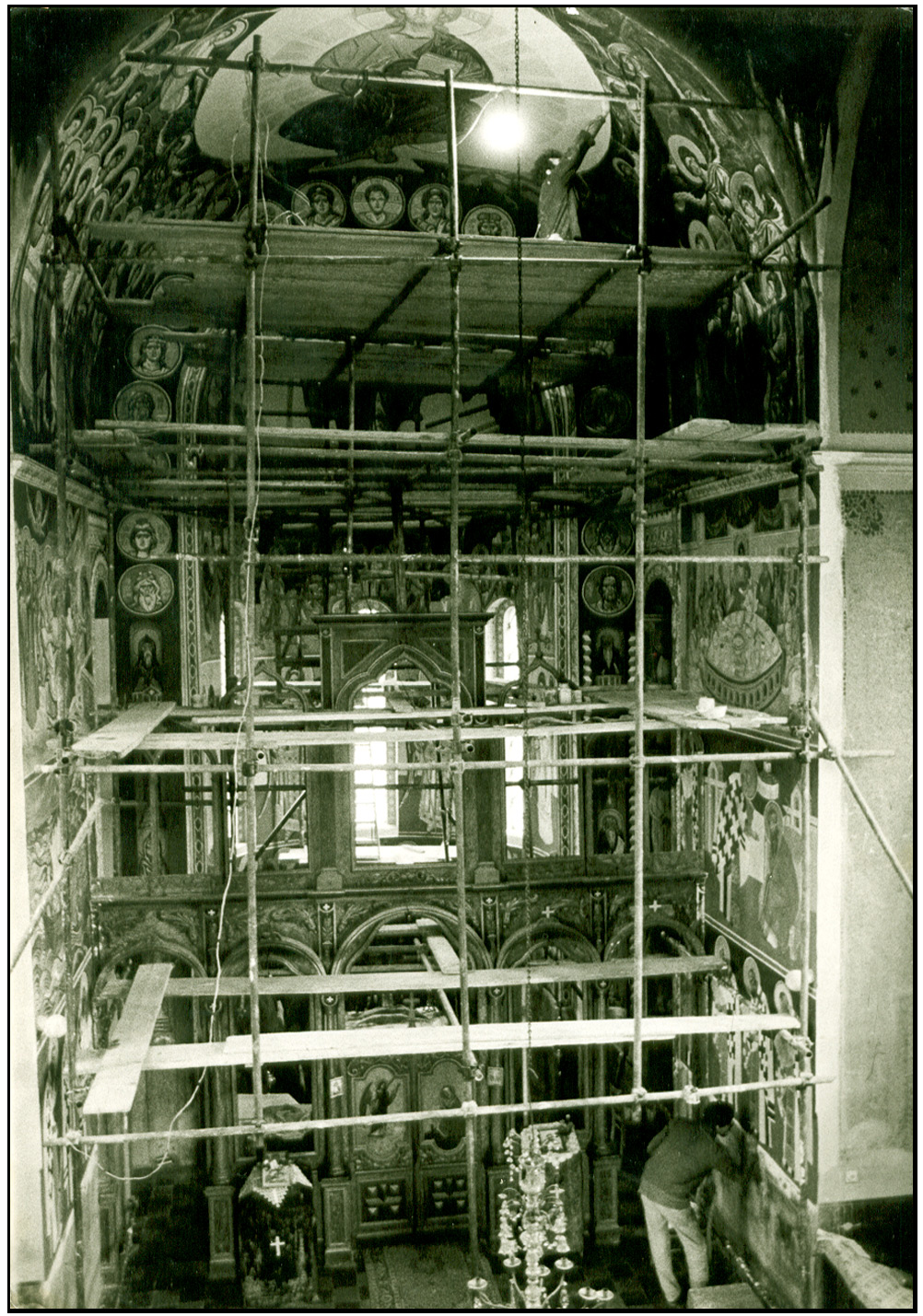 Grabovac monastery, scaffolding for the first fresco painting project (1988)