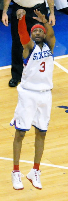 Iverson shoots a jumper in 2010 during his second stint with the Philadelphia 76ers