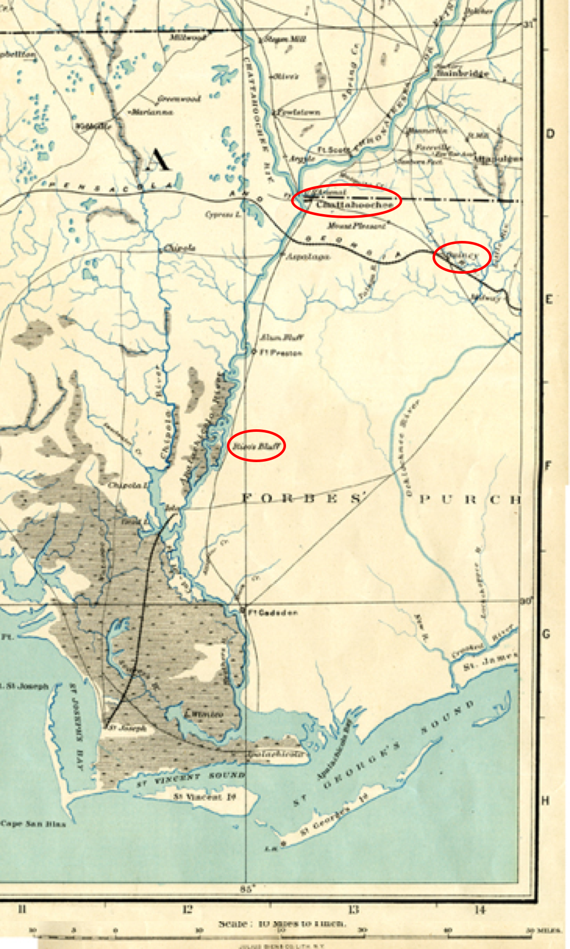 Modified image of Map of the Tri-State Area-Florida, Georgia and Alabama (ca. 1865) showing locations of Chattahoochee Arsenal, Quincy, and Rico's Bluff. (Image credit: State Archives of Florida)