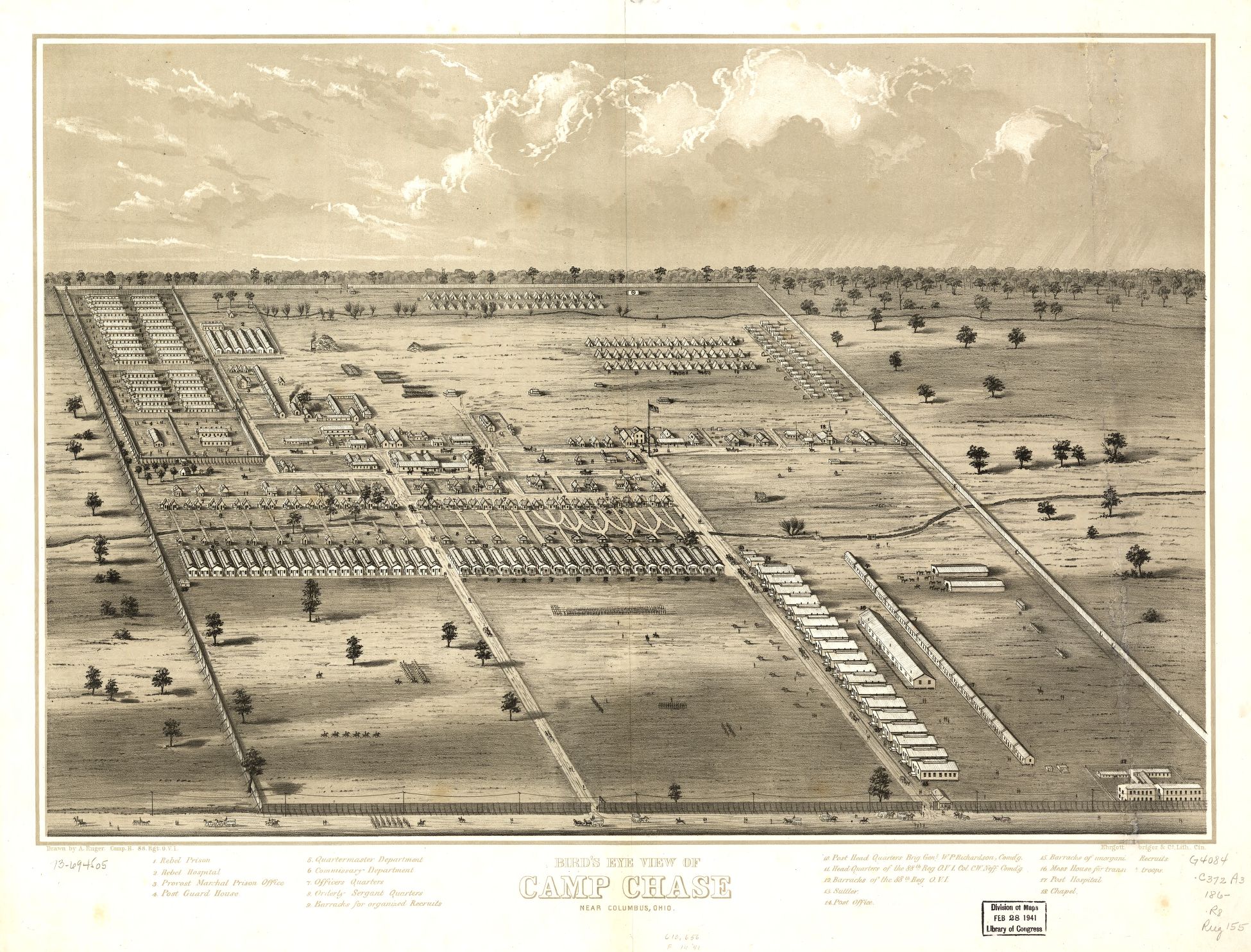 Camp Chase (Columbus, Ohio). Camp Chase was established on farmland outside of Columbus, Ohio in June of 1861. It began as a training facility preparing Ohio volunteers for the battlefronts of the Civil War. Shortly after it opened, the camp received its first prisoner of war. Five months later, the camp held nearly 300 prisoners, most of them civilian political prisoners from Kentucky and Virginia. After the exchange program deteriorated in the summer of 1863, the prison population at Camp Chase grew to more than 2,000. By 1864, the prison population expanded to 8,000, well more than the facility was designed to handle. As the prison population exploded, living conditions rapidly deteriorated. Diseases, such as smallpox, typhus, and pneumonia, ran rampant in the camp's unsanitary, crowded barracks. Prisoners also suffered from malnutrition and exposure during the harsh winters. By the end of the war and the camp's closure in July 1865, more than 26,000 Confederate prisoners passed through Camp Chase's gates. Of these soldiers, nearly eight percent died while incarcerated.(Image credit: Library of Congress)