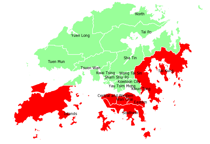 The suburbs that are highlighted in red denotes popular expat residential areas. Expats generally reside in outlying islands and the Hong Kong Island.