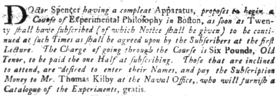 May 30, 1743, advertisement promoting his first lecture in Boston