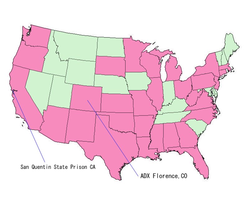 Members of the Aryan Brotherhood prison gang in the United States, located in red. The prison gang controls one of the largest networks of peckerwood gangs.