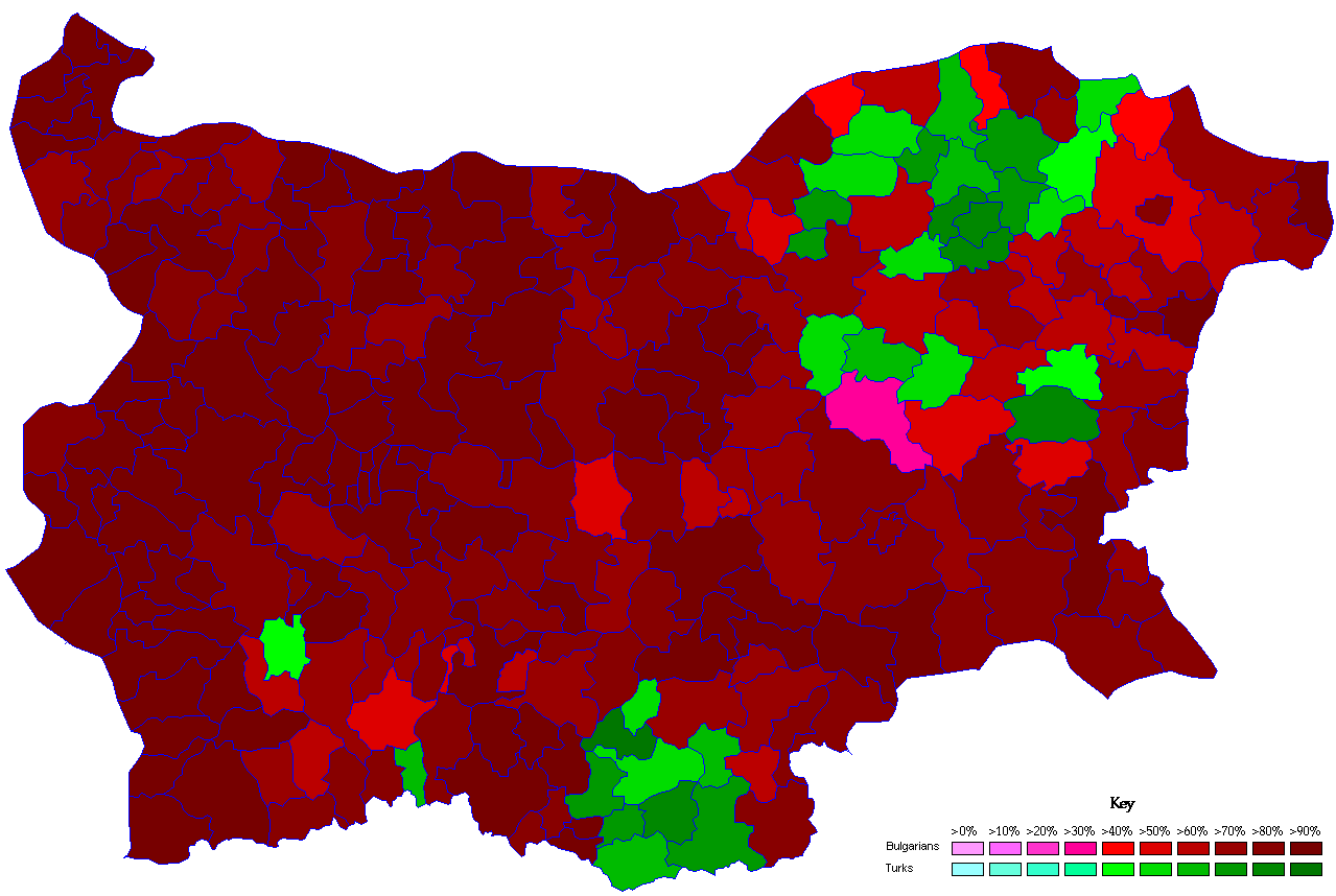 Municipalities where Bulgarians represent a majority of the population, according to the census of the population in 2011 (red color).