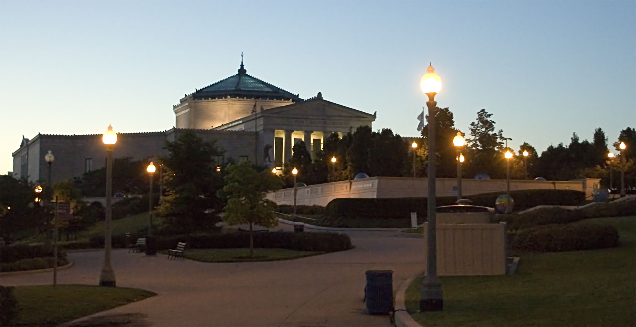 The Shedd Aquarium, as seen from the northwest in early dawn light