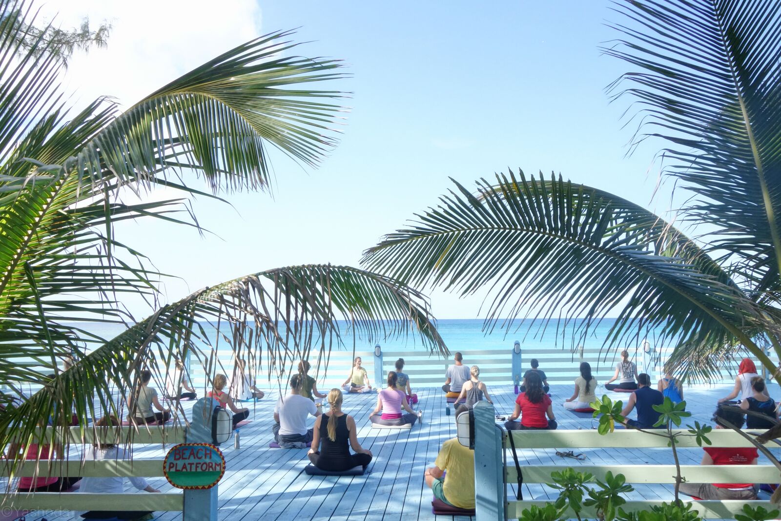 Guests meditating during a Meditation Course on the Beach Platform