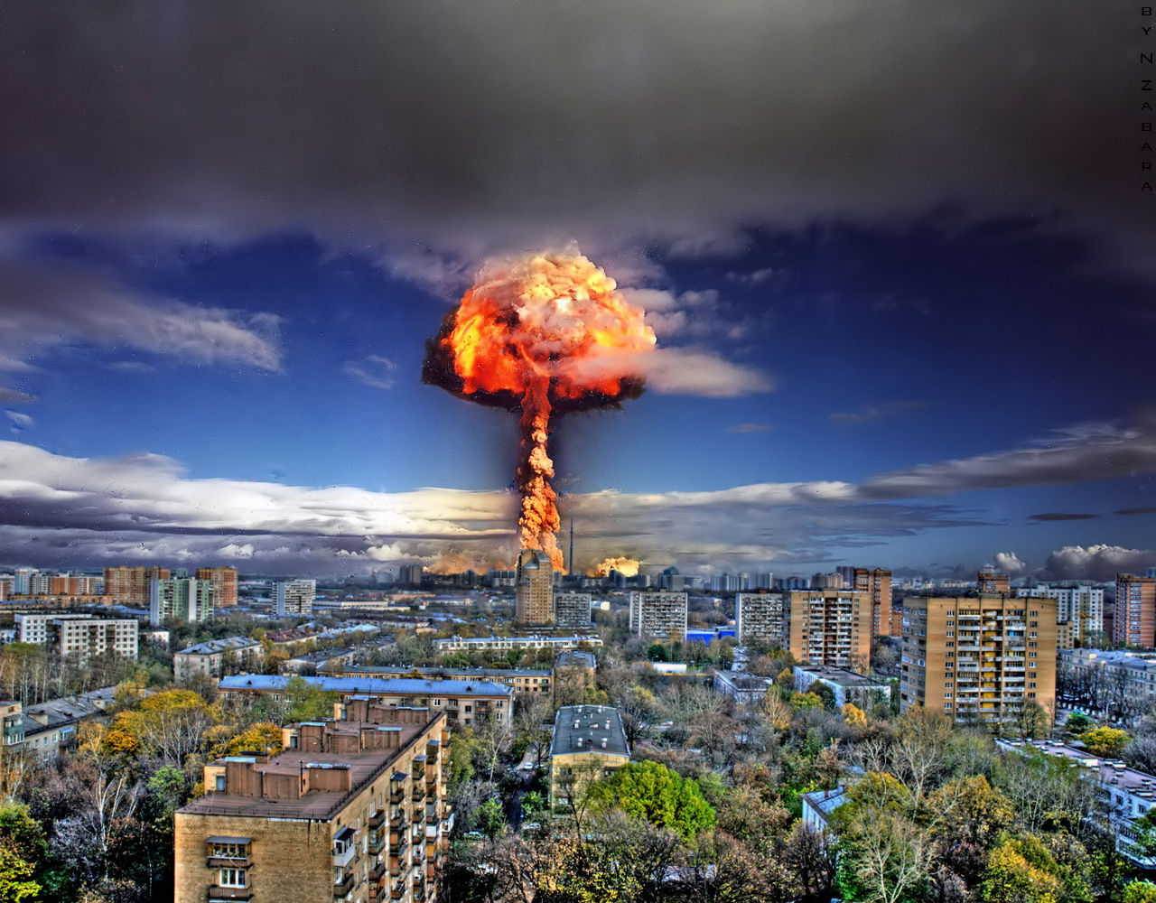Artist's rendering of a nuclear explosion targeting a city.